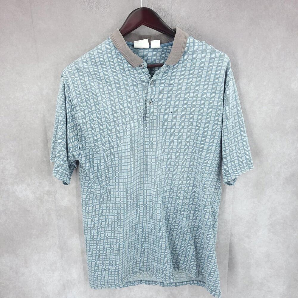 Bugle Boy Company Polo Shirt Mens Blue Large Geo Print Short Sleeve Golf Casual